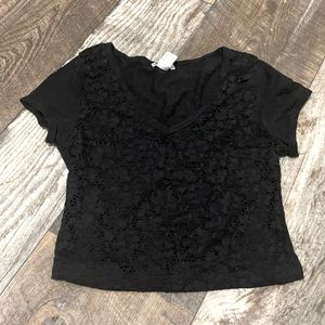 Black Lace Front Cap Sleeve Crop Raglan
